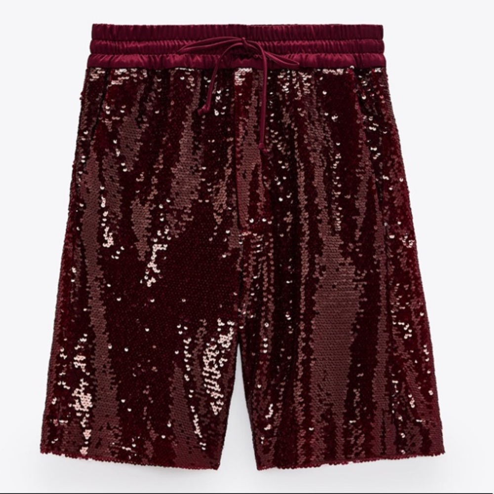 Zara High Waisted Sequin Boxing Shorts Maroon